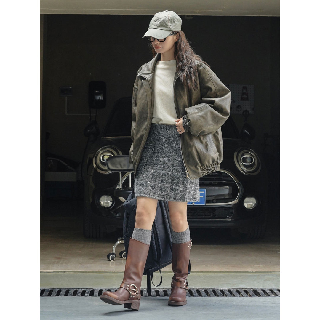 Women's Knitted Check Pattern Mini Skirt with High Waist Mune Fashion