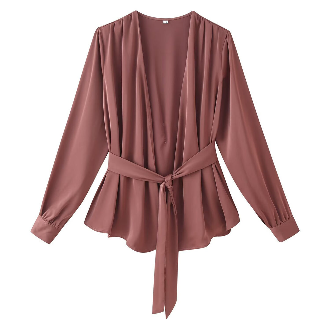 Women's elegant wrap blouse with waist belt and deep V-neck Mune Fashion