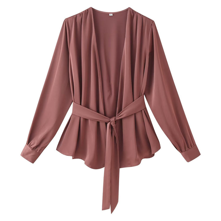 Women's elegant wrap blouse with waist belt and deep V-neck Mune Fashion