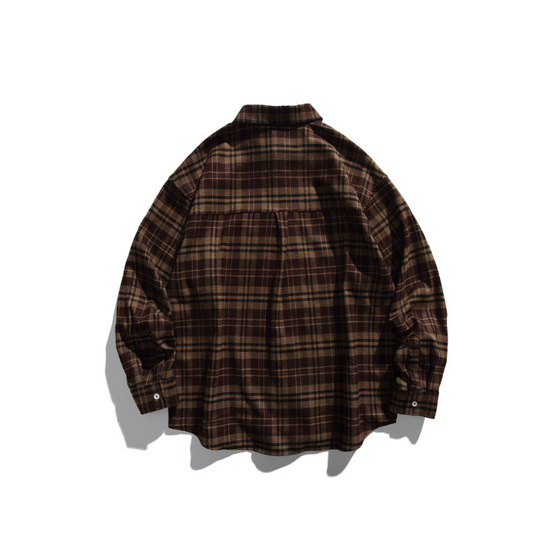 Unisex Loose Check Flannel Shirt in Wide Cut with Raglan Sleeves and Breast Flap Pocket Mune Fashion