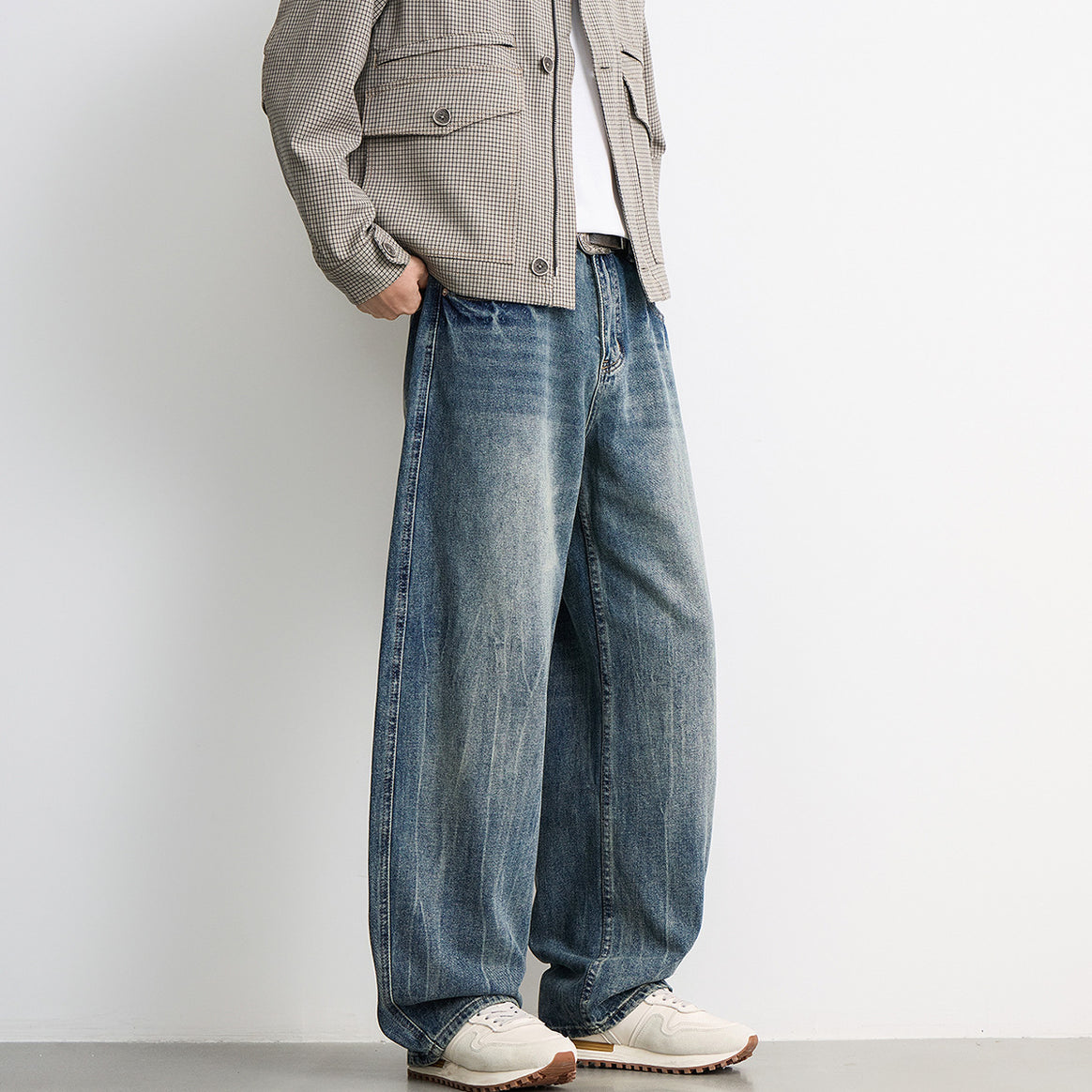Men's wide balloon jeans with extra wide legs, low crotch, and authentic used wash Mune Fashion
