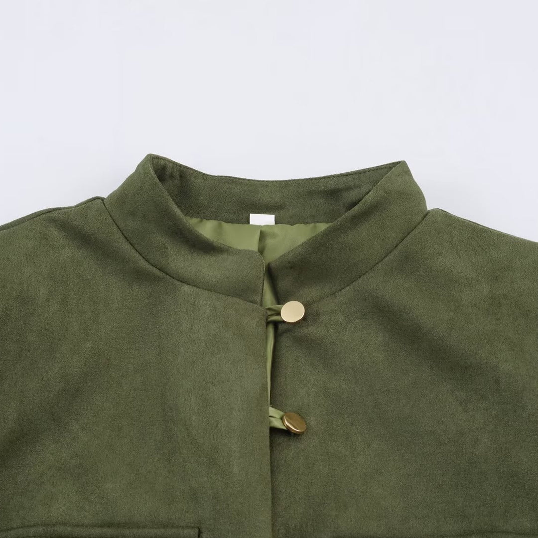 Women's short jacket in Mandarin style made of suede look with patch pockets and decorative buttons Mune Fashion