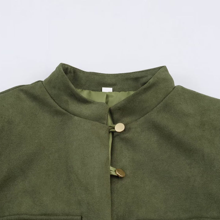 Women's short jacket in Mandarin style made of suede look with patch pockets and decorative buttons Mune Fashion