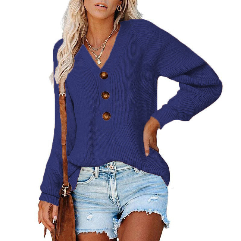 Women's Ribbed Knit Sweater with V-Neck, Decorative Button Placket and Balloon Sleeves Mune Fashion