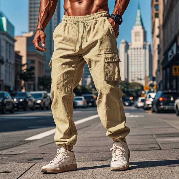 Men's sporty work-inspired joggers with patch flap pockets, elastic drawstring waistband, and gathered leg cuffs Mune Fashion