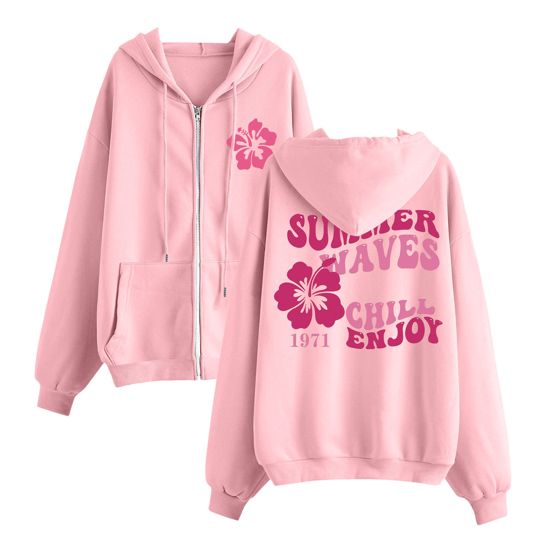 Women's relaxed zip hoodie with tropical hibiscus print, kangaroo pockets, and ribbed cuffs Mune Fashion