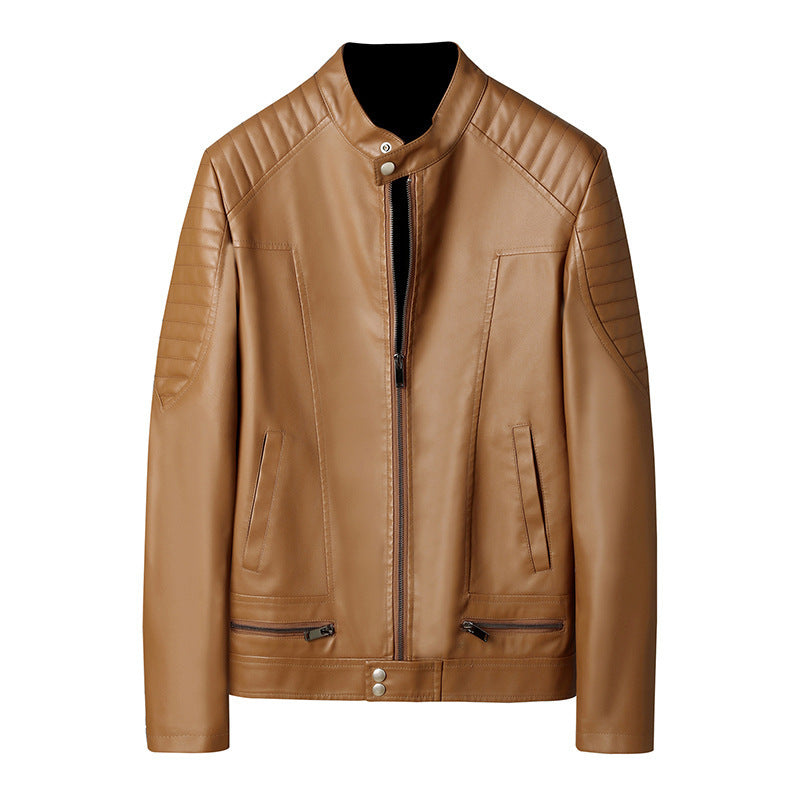 Men's Faux Leather Moto Jacket with Quilted Shoulder, Stand Collar and Zipper Mune Fashion