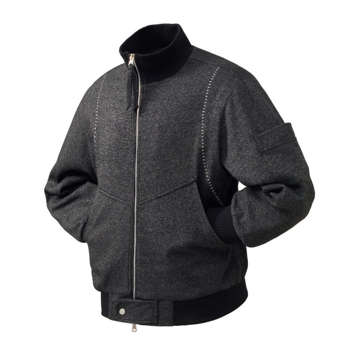 Men's wool blend bomber jacket with stand-up collar, ribbed cuffs, and utility arm pocket Mune Fashion