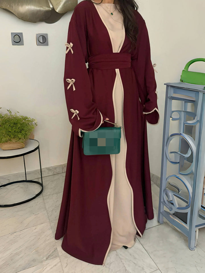 Women's elegant Abaya-Kaftan with wide trumpet sleeves, contrasting yoke and wrap belt Mune Fashion