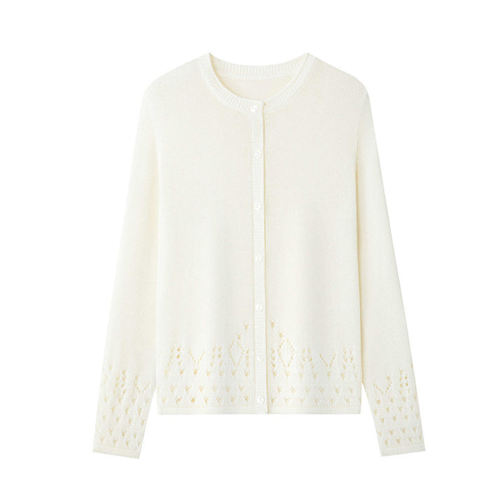 Women Fine Fine Knit Cardigan with Lace Pattern at the Hem and Round Neckline Mune Fashion