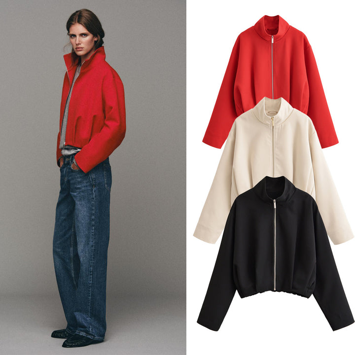 Women's Short Oversize Bomber Jacket with Stand-up Collar, Zipper and Boxy Silhouette Mune Fashion