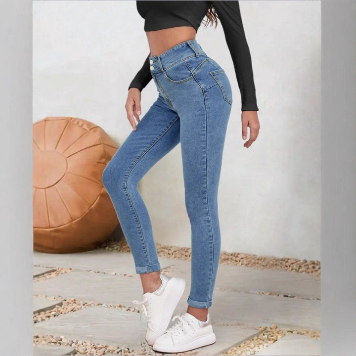 Women High-Waisted Sculpting Skinny Jeans with Double Button and Cuff Detail Mune Fashion