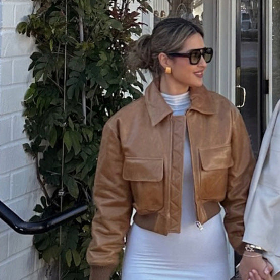 Women's Short Leather-Look Blouson Jacket with Large Flap Pockets and Ribbed Cuff Mune Fashion