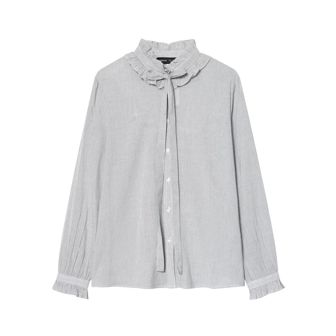Women's ruffled blouse with high stand-up collar and tie, pleated sleeves and continuous button placket Mune Fashion