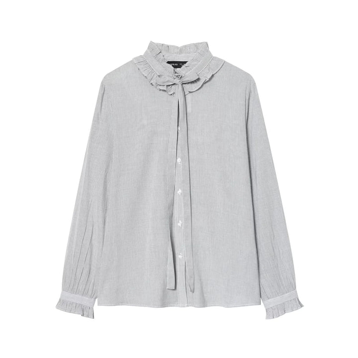 Women's ruffled blouse with high stand-up collar and tie, pleated sleeves and continuous button placket Mune Fashion