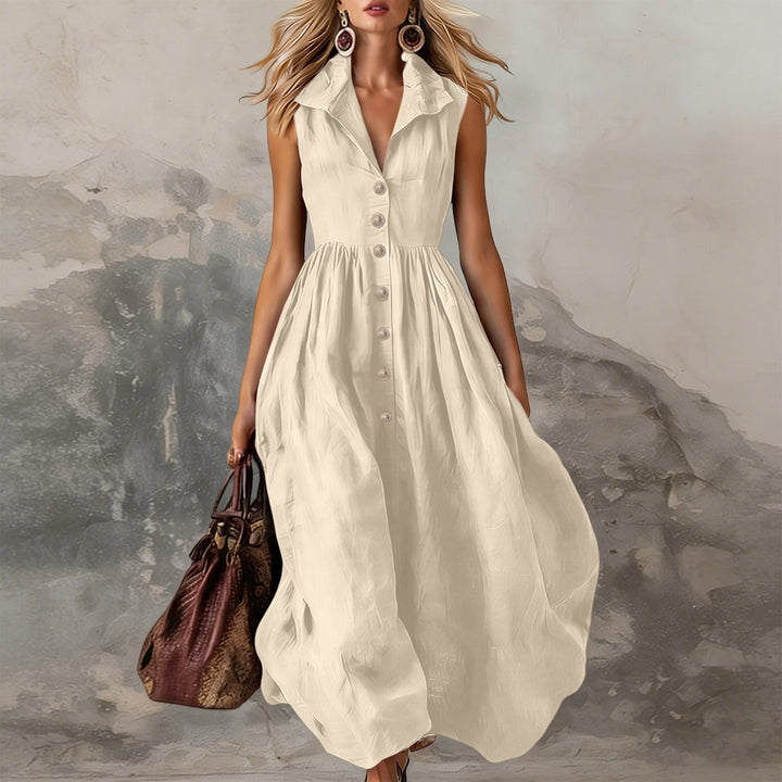 Women's Sleeveless Midi Dress with Button Placket, Gathered Waist and Ruffled Collar Mune Fashion
