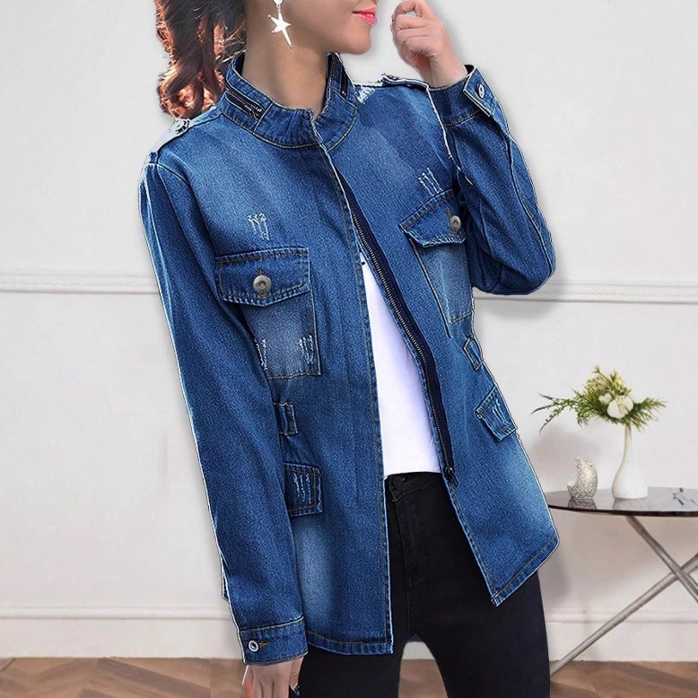 Women tailored denim jacket with stand-up collar, four flap pockets and slightly flared hem Mune Fashion