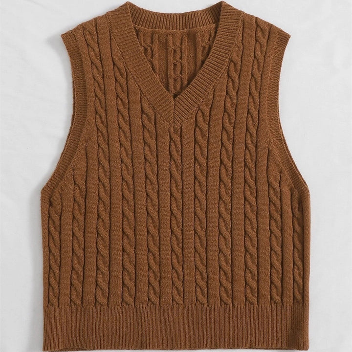 Ladies' Knit Vest with V-Neck and Cable Pattern Mune