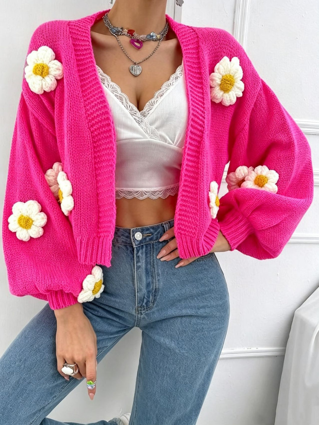 Women's Short-Cut Chunky Knit Cardigan with 3D Flower Applications Mune Fashion