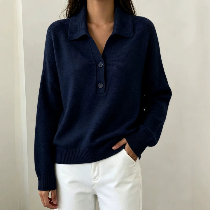 Women Polo Collar Sweater with Half Button Placket and Ribbed Hem Mune Fashion