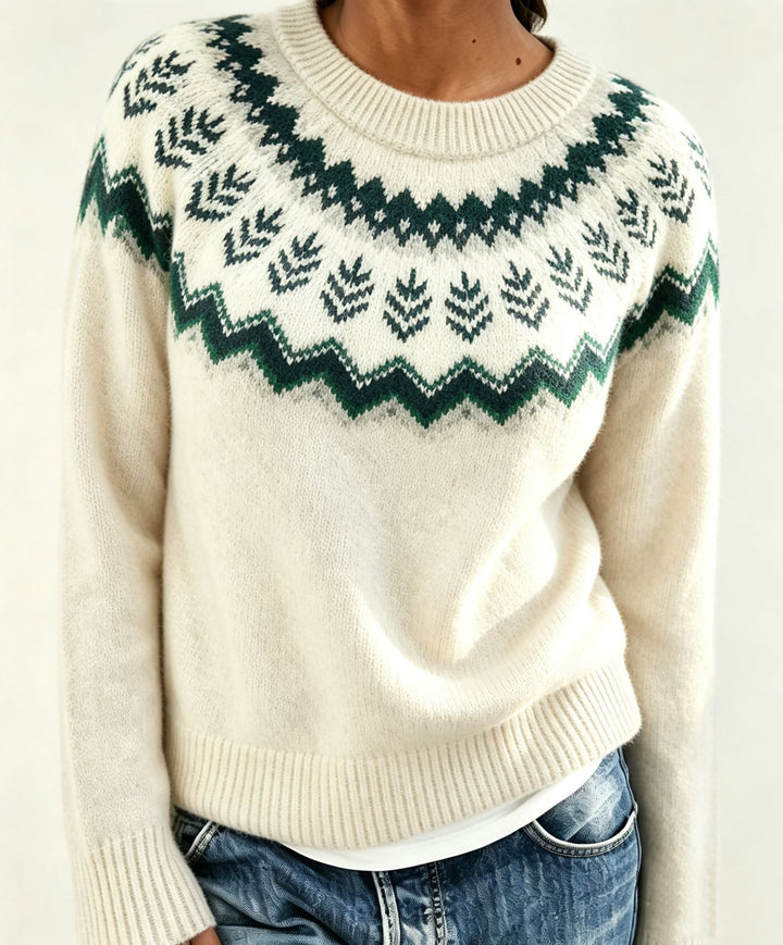 Women Round Neck Norwegian Sweater with Fair Isle Jacquard Mune Fashion