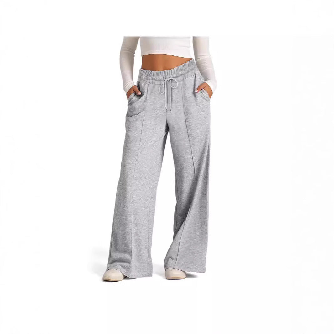 Women's High-Rise Wide-Leg Drawstring Lounge Pants with Side Pockets and Front Seam Mune Fashion