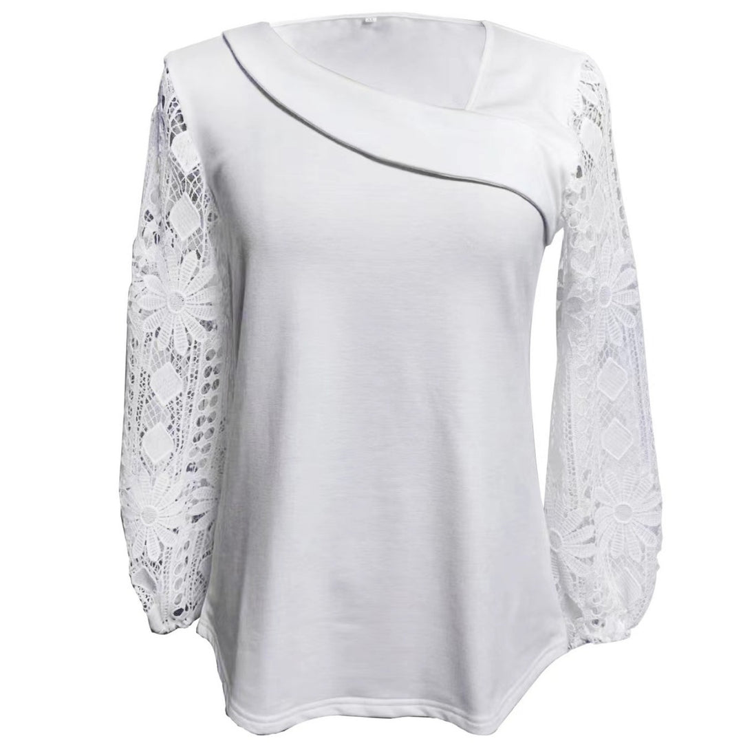 Ladies nan tunic top with asymmetrical waterfall yoke and floral lace balloon sleeves Mune Fashion