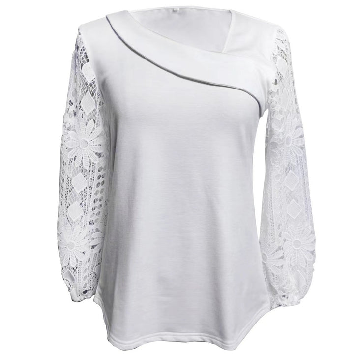 Ladies nan tunic top with asymmetrical waterfall yoke and floral lace balloon sleeves Mune Fashion