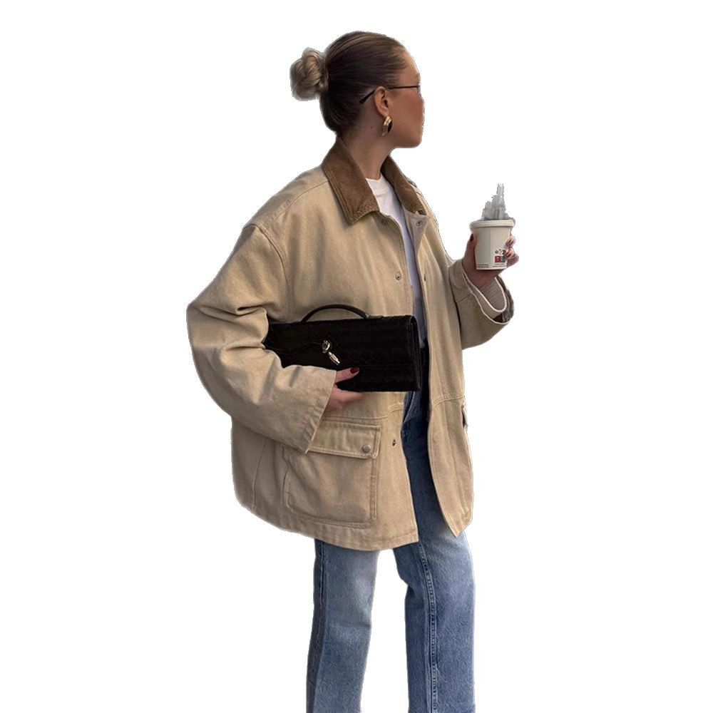 Women's Oversized Field Jacket with Cord Collar, Large Flap Pockets and Snap Button Closure Mune Fashion