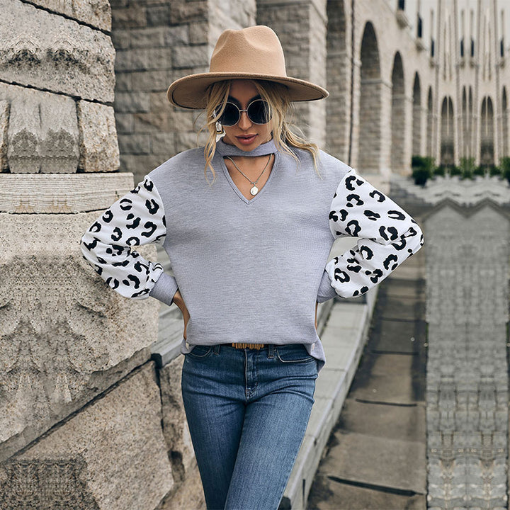 Women Casual Sweater with Leopard Sleeves Mune Fashion