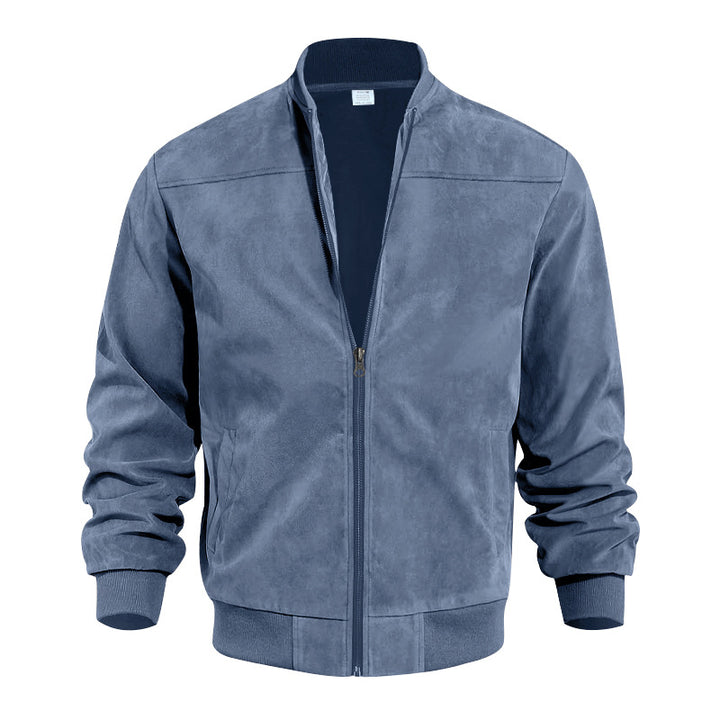 Men's faux suede bomber jacket with stand-up collar, ribbed cuffs, and side pockets Mune Fashion