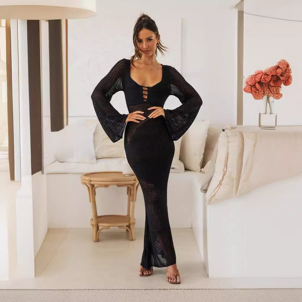 Women's long crochet dress with V-neck and decorative cut-outs