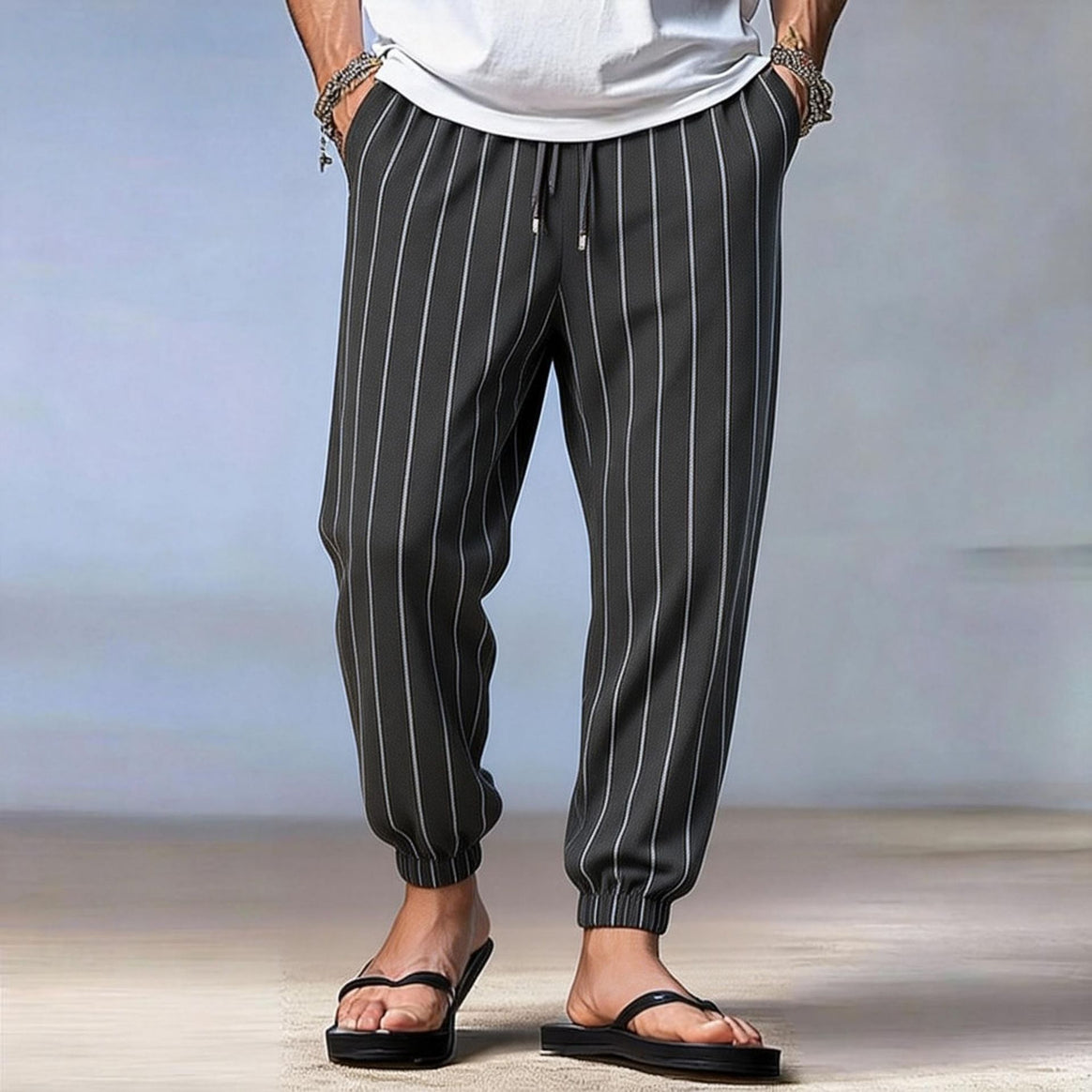 Men's striped jogger-chino with drawstring, crease and elastic ankle cuffs Mune Fashion