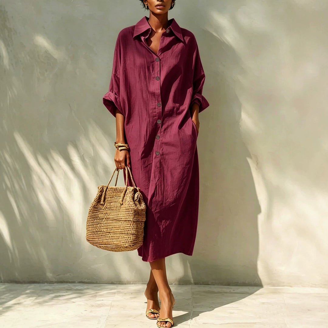 Women's Long Oversized Shirt Dress with Kent Collar and Continuous Button Placket Drune
