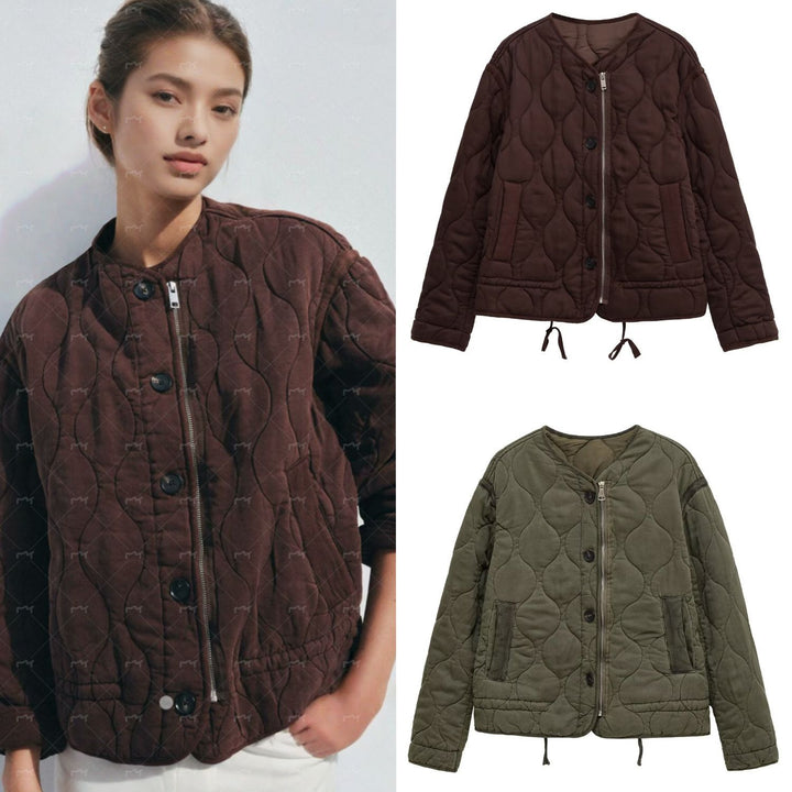 Women quilted transition jacket with zipper and button placket, round neck and drawstring Mune Fashion