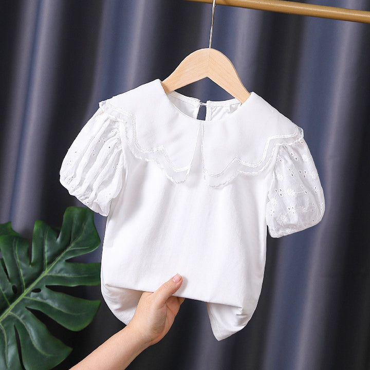 Girls blouse with decorative eyelet embroidery and voluminous puff sleeves Mune Fashion