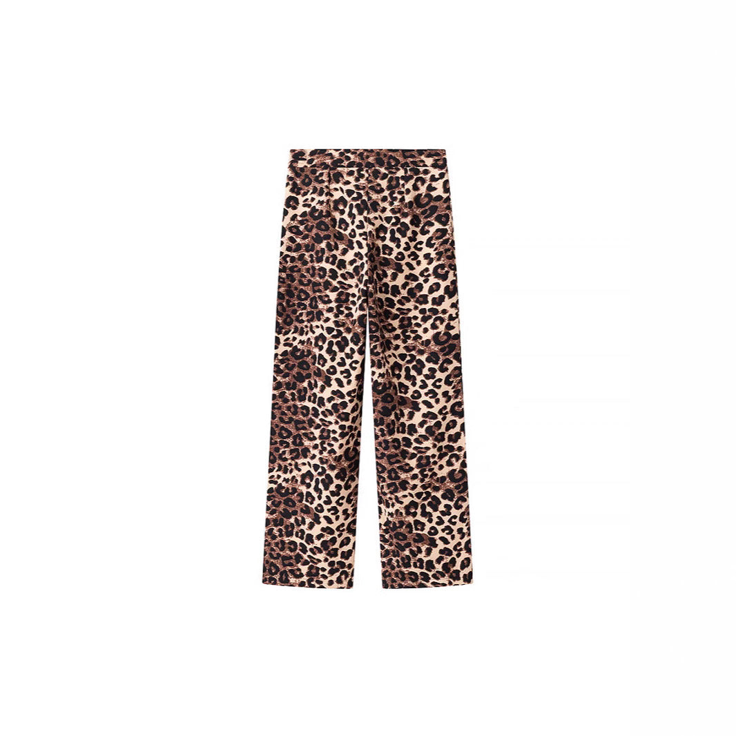 Ladies Wide High-Waist Palazzo Pants with Leopard Print and Flowing Fall Mune Fashion