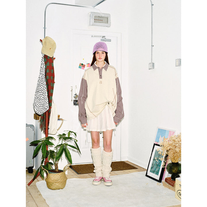 Unisex Oversize Long Sleeve Polo Shirt with Checked Sleeves, Shirt Collar and Decorative Topstitching Mune Fashion