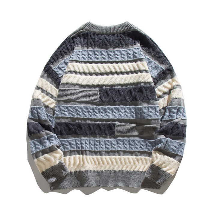 Unisex Oversize Chunky Knit Sweater with Structured Block Stripe Look and Round Neck
