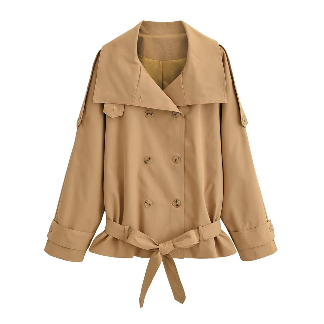 Women Short Trench Coat with Double-breasted Button Placket, Cape Yoke and Waist Belt Mune Fashion
