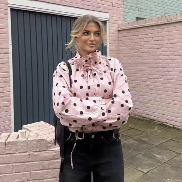 Women's lightweight polka dot windbreaker jacket with drawstring and stand-up collar Mune Fashion