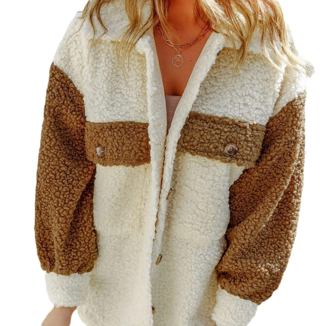 Women's oversized Teddy shirt jacket with contrast stripes, applied chest pockets and visible button placket Mune Fashion