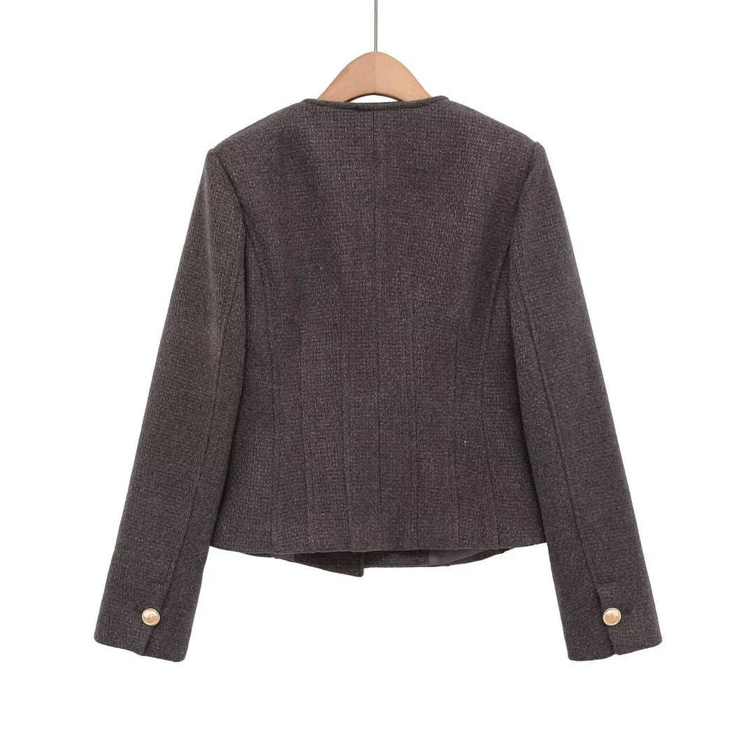 Ladies short blazer made of bouclé with round neckline and golden decorative buttons Mune Fashion