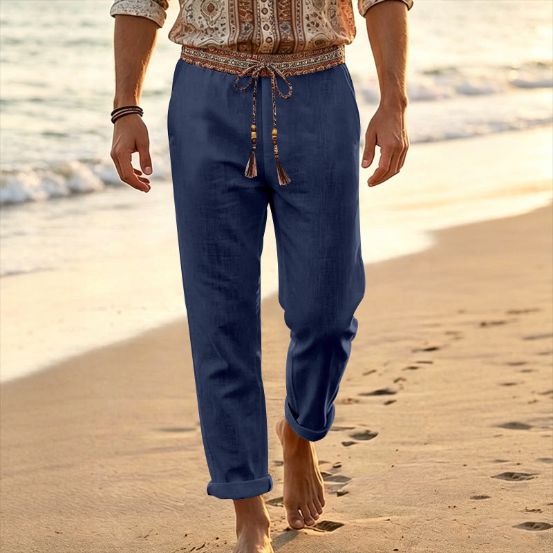 Men's nautical linen lounge pants with decorative ethnic waistband, elastic drawstring, and straight leg Mune Fashion