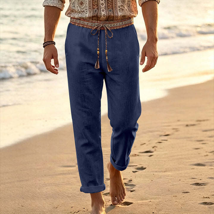 Men's nautical linen lounge pants with decorative ethnic waistband, elastic drawstring, and straight leg Mune Fashion