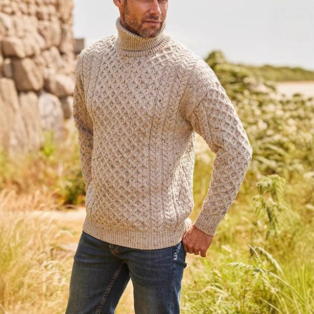 Men's knit pullover with stand-up collar and cable pattern