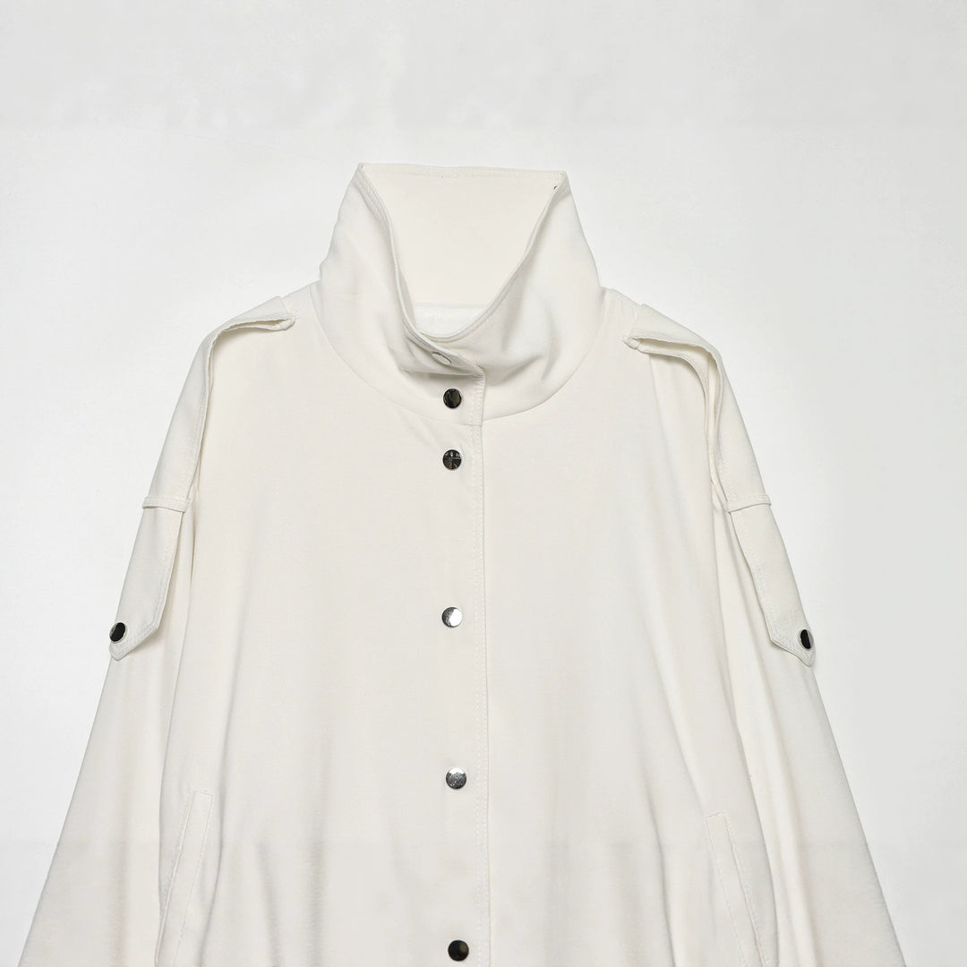 Women's oversized short jacket with high stand-up collar, snap button front, and patch arm pocket Mune Fashion