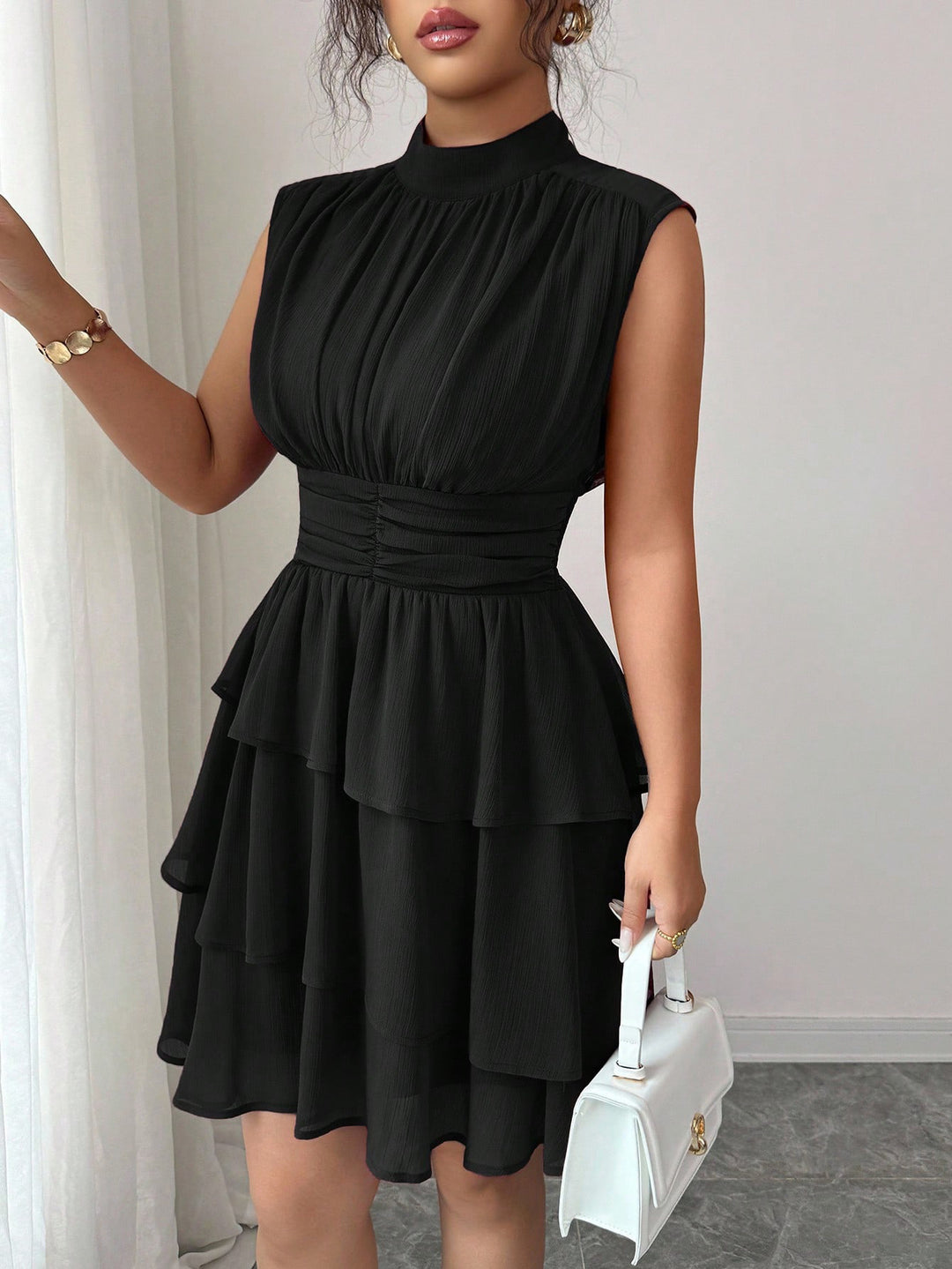 Women Sleeveless Chiffon Layered Dress with Stand Collar and Tailored Ruffle Mune Fashion