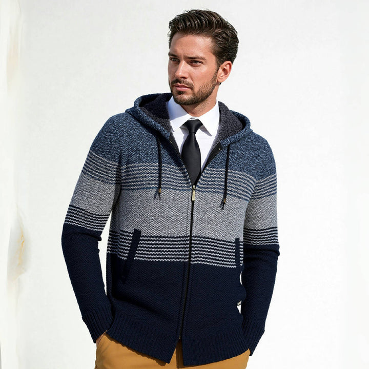 Men's hooded knit zip jacket with gradient block stripe pattern and thermal structure Mune Fashion