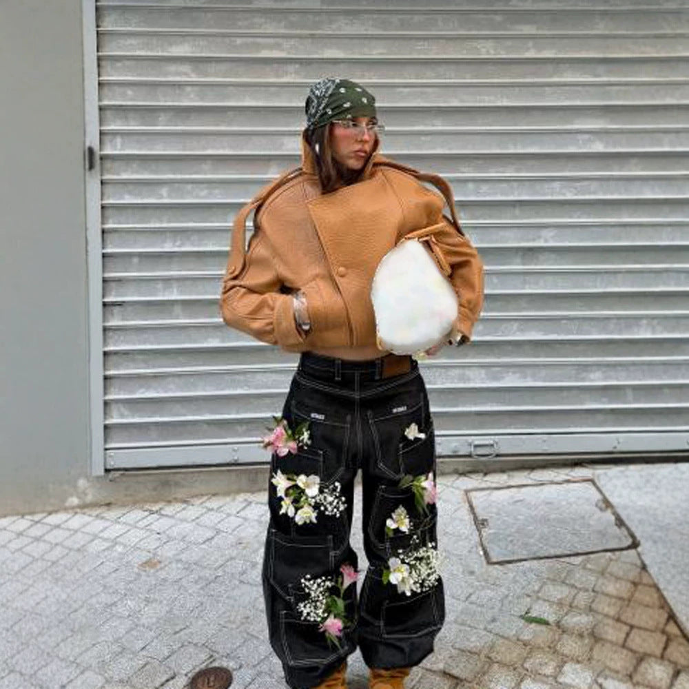 Ladies Cropped Oversized Jacket made of textured synthetic leather with a high stand-up collar Mune Fashion